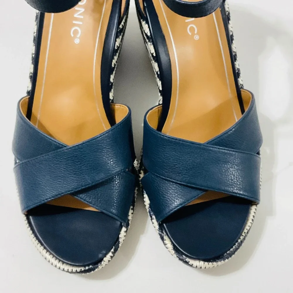 VIONIC Marina womens platform wedge heel sandal navy stripe ankle strap‎ NWT 8